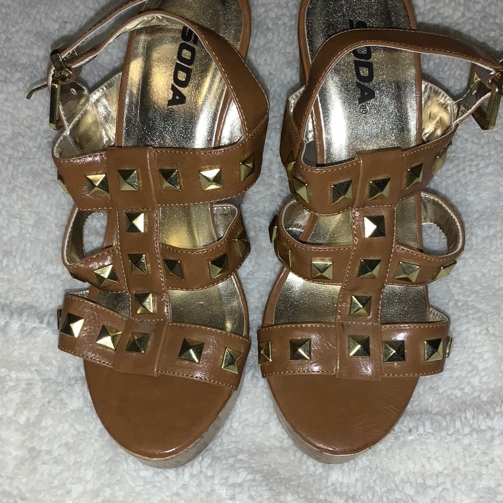 Leather gold studded wedges